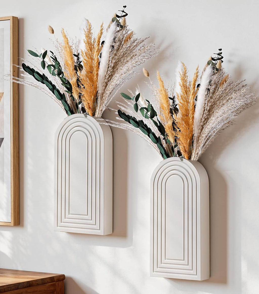 DREAMLOOM 2 Pack Wooden Wall Vases with Dried Pampas Grass and Eucalyptus Plants, Wall Hanging Planters Boho Modern
