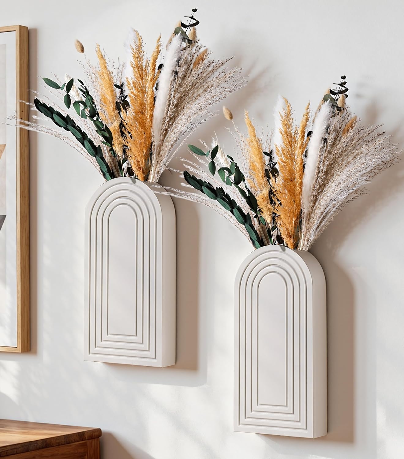 DREAMLOOM 2 Pack Wooden Wall Vases with Dried Pampas Grass and Eucalyptus Plants, Wall Hanging Planters Boho Modern