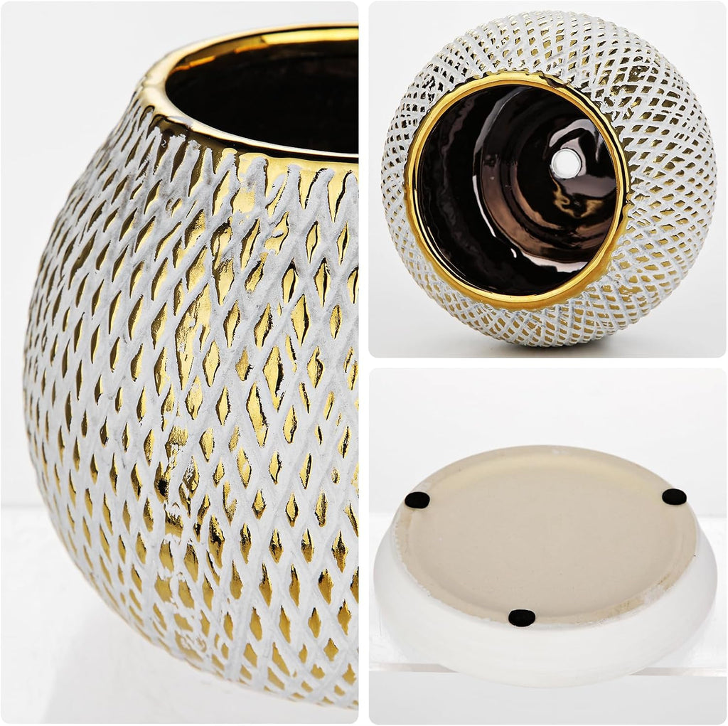 Ceramic Plant Pots for Plants Indoor 6.1 Inch Round Gold and White Flower Pot Gilded Decorative Planter with Drainage