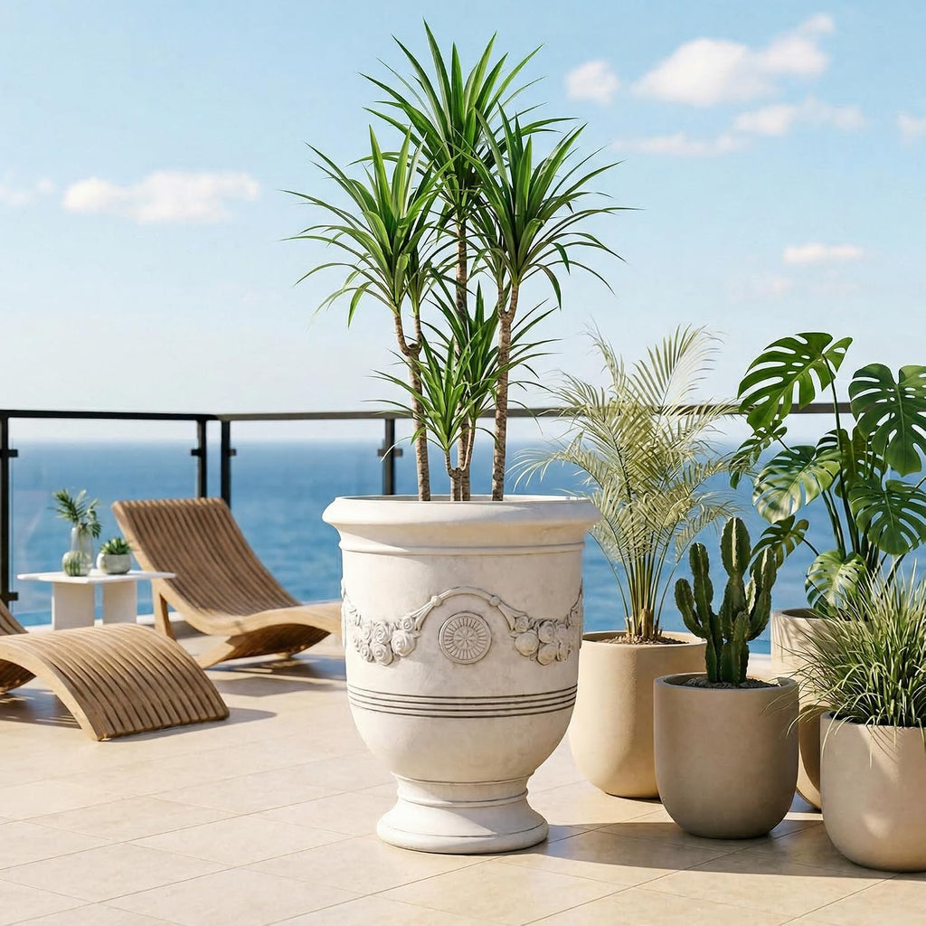 KOL Large Plastic Urn Planter - 16” Dia x 19” H Lightweight Classic Planter Pot with Cement Texture & Drainage Hole