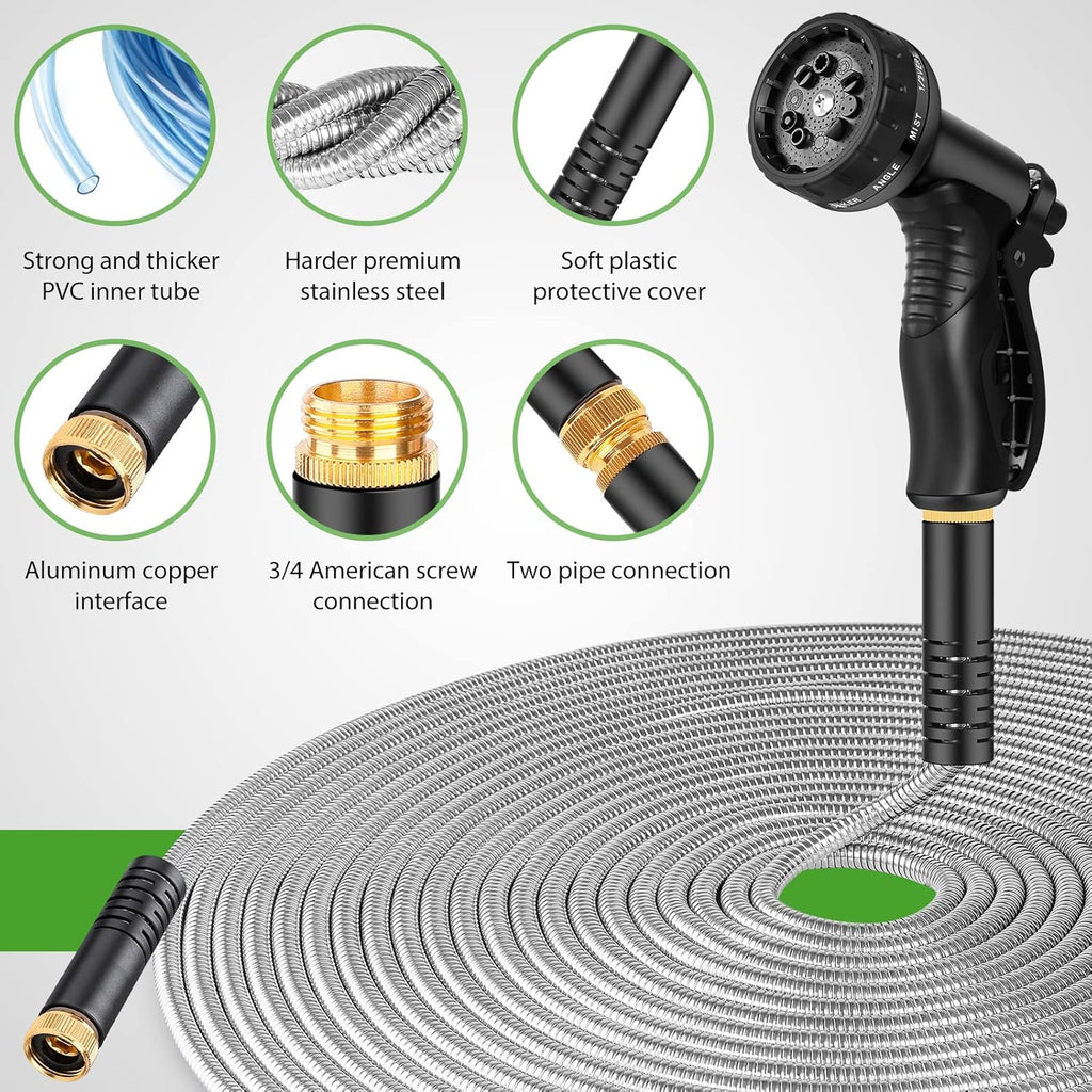 Rcfunkid Garden Hose 100FT No-Kink Metal Hose With 10 Function Nozzle Tough | Stainless Steel Water Hose, Leak-proof