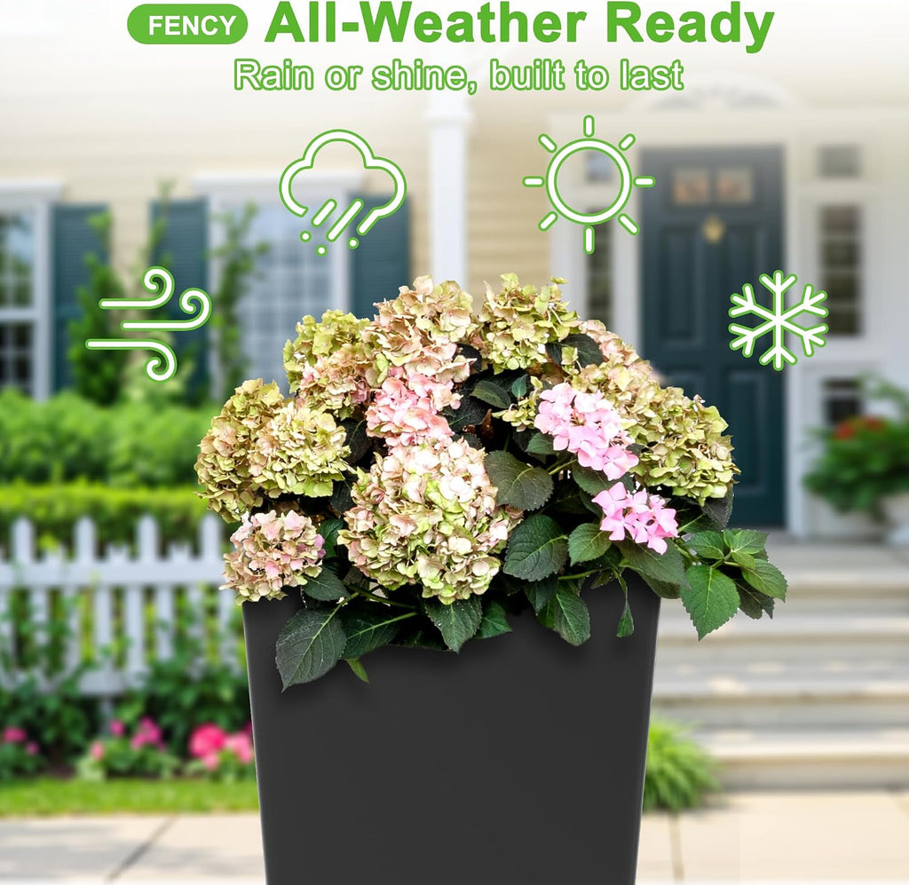 FENCY Set of 2 Tall Planters for Outdoor Plants, Black | 24 Inch Plant Pots with Drainage Hole & Trays, Plastic Tapered