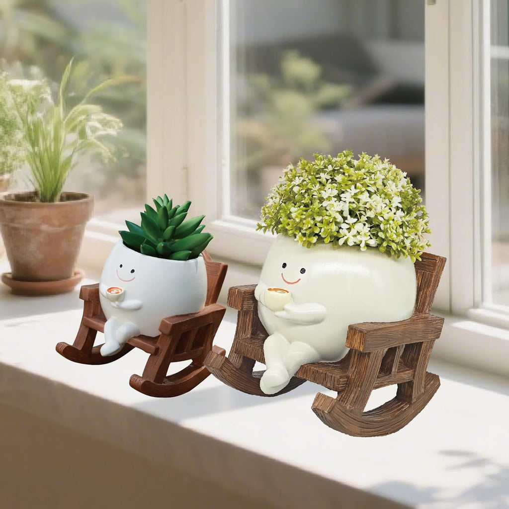 Smiley Face Planter Pot, Cute Coffee Plant Pots for Indoor Outdoor | Unique Rocking Chair Plant Pot for Succulents