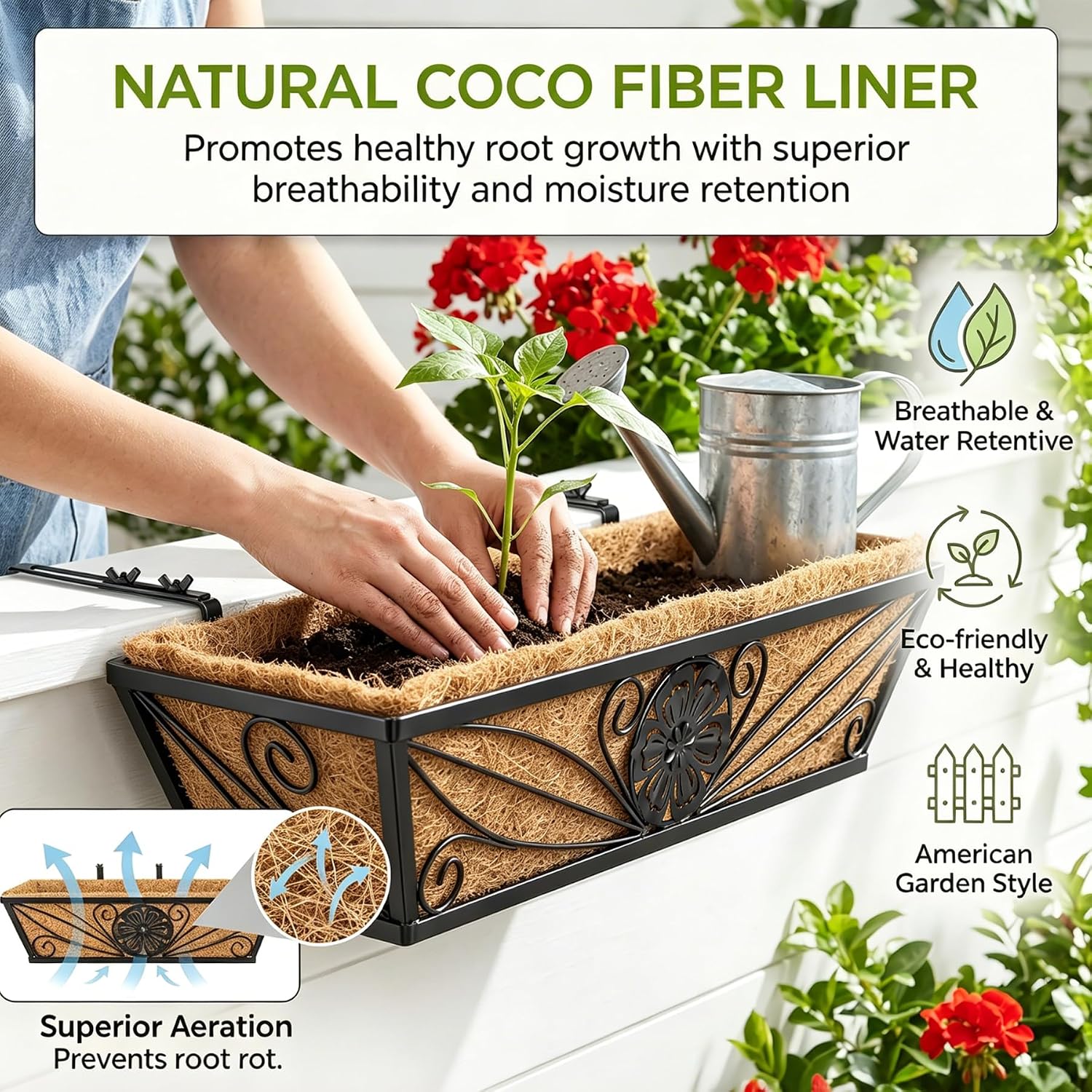 4 Pack 24 Inch Railing Planter Boxes | With Coco Liner, Floral Scroll Metal Window Box Planters, Classic Scrollwork