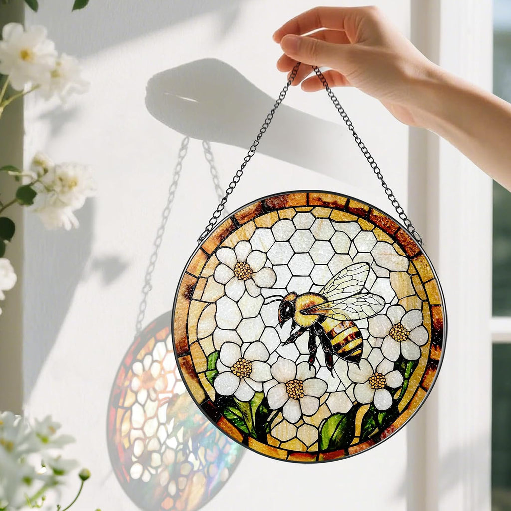 Bee Wildflowers Stained Glass Suncatcher, Stained Glass Window Hanging, 8 Inch Honey Bee Suncatcher, Honeybee Gifts for
