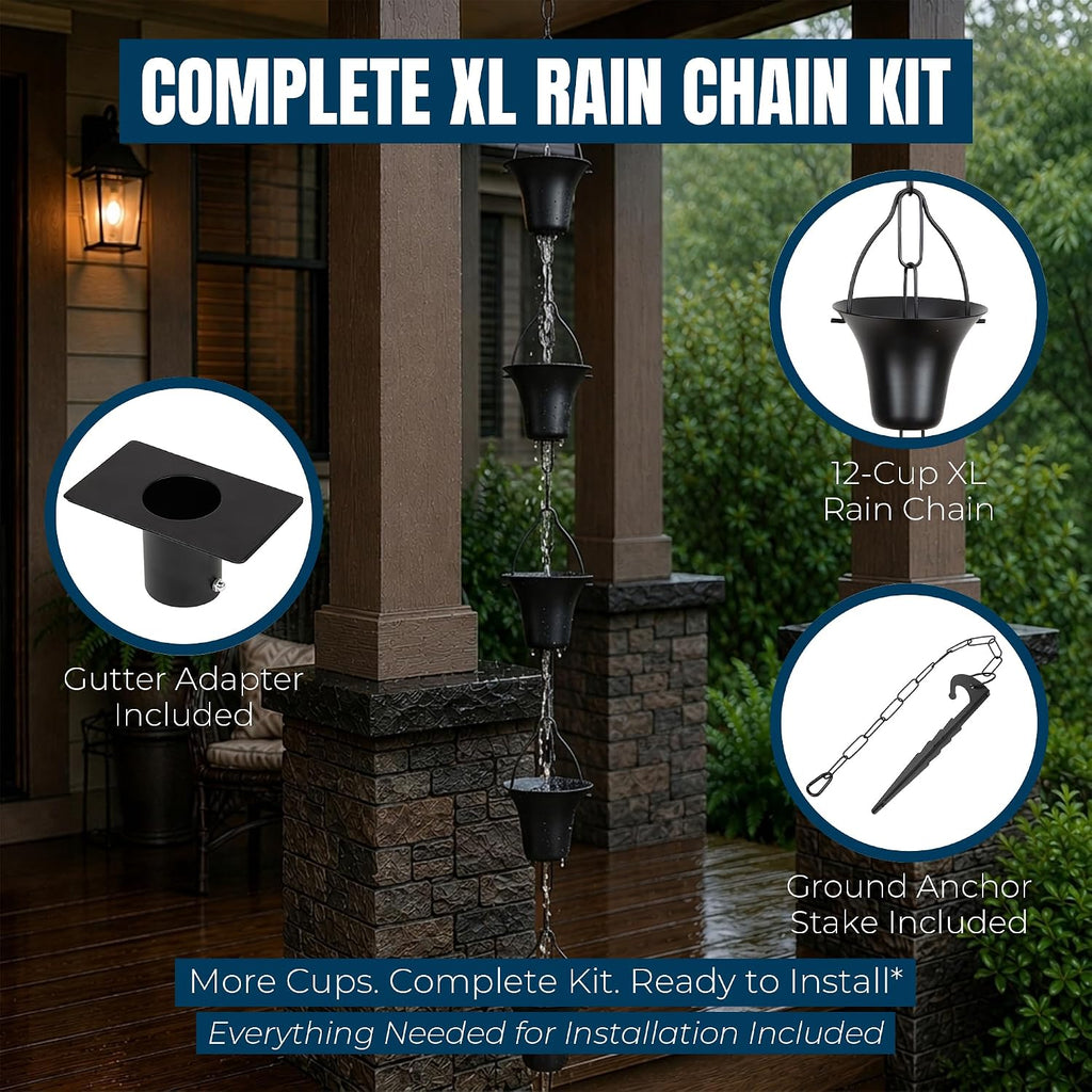 MEKKAPRO Iron Rain Chain for Gutters, 8.5ft 12-Cup, Black, Bucket-XL | Iron Powder-Coated Chain Built for Heavy Rain