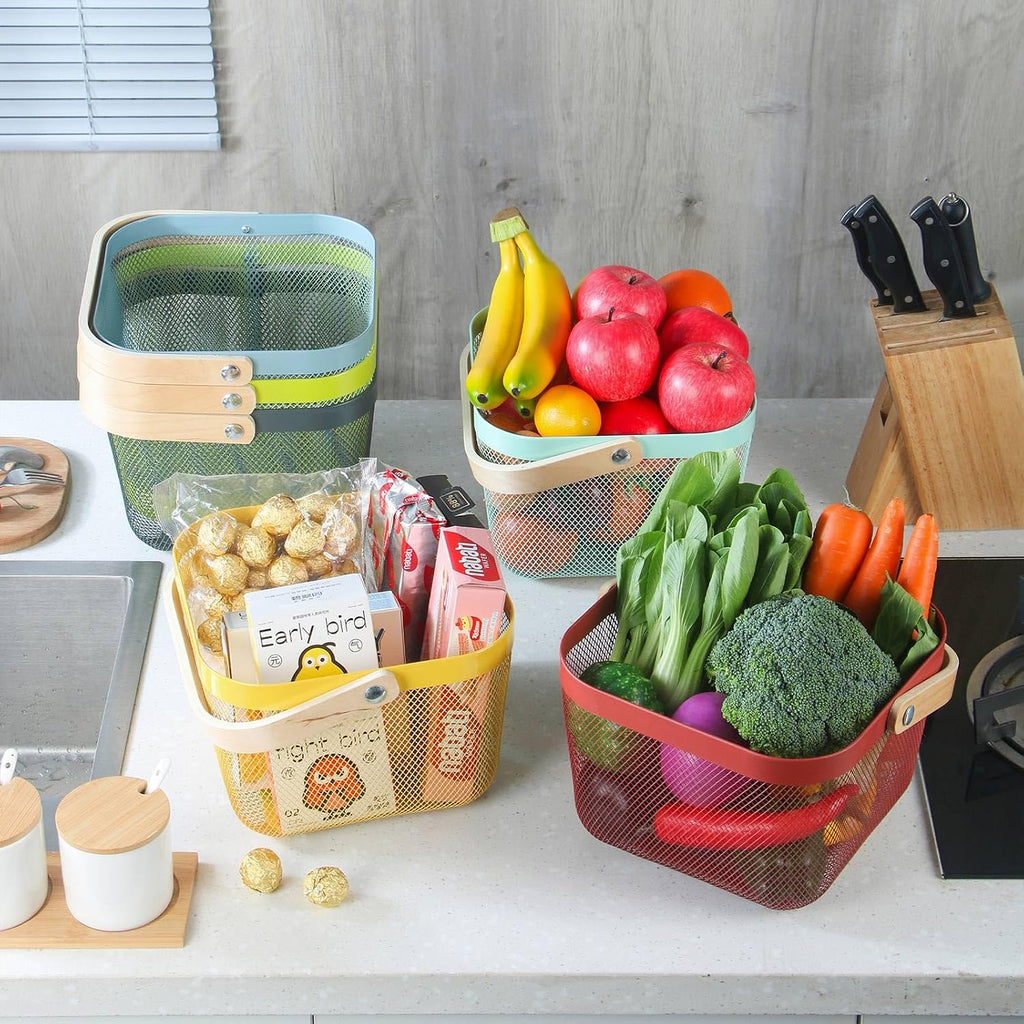 Coloful Metal Mesh Wire Basket with Foldable Wooden Handle,Bin Garden Fruit Vegetable Storage Hanging Harvest Holder
