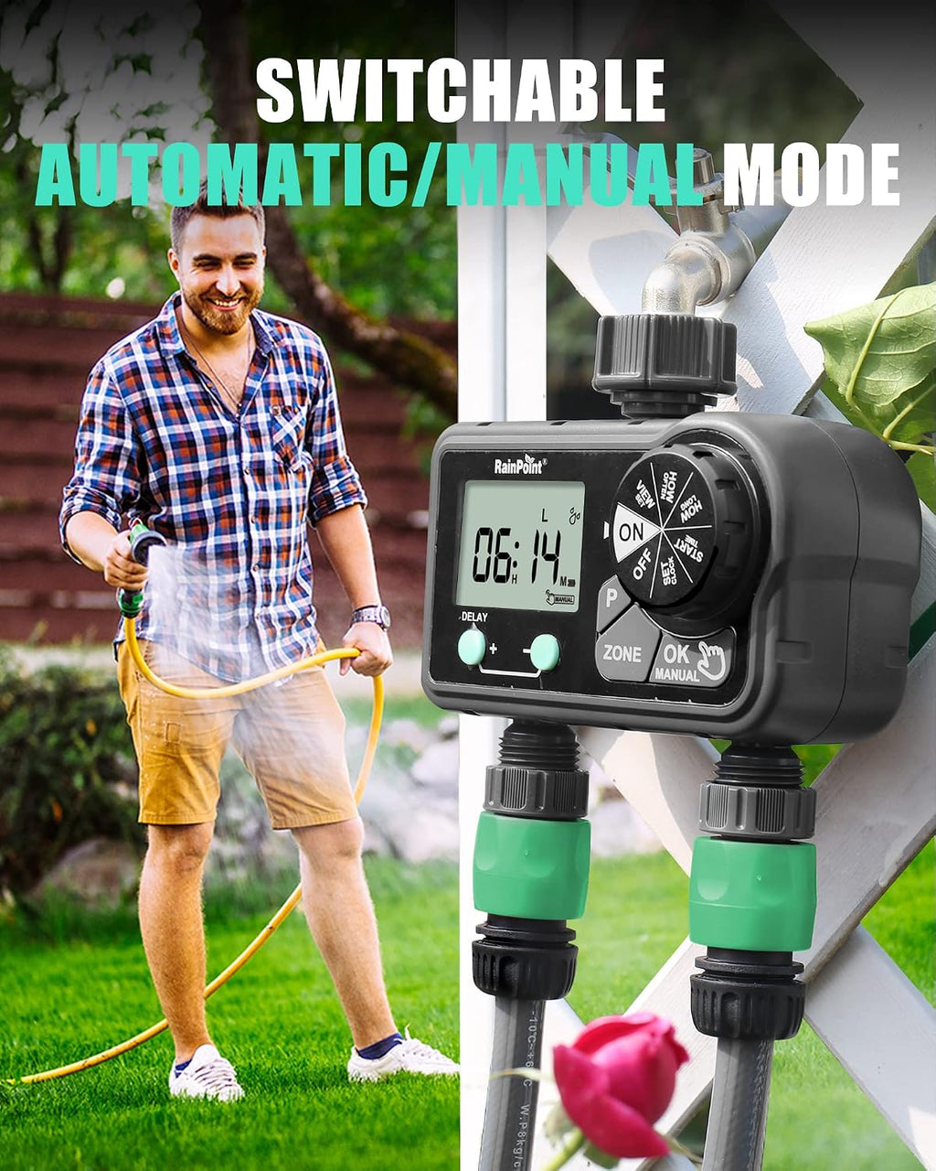 RAINPOINT Sprinkler Timer with 3 Different Programs, Hose Timer for Garden Hose with Rain Delay/Manual