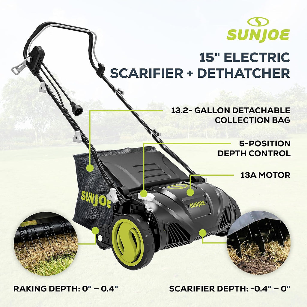 Sun Joe 15-Inch Lawn Dethatcher with Scarifier Blade Reel, AJ805E | and Collection Bag - 13-Amp Corded Yard Power Rake
