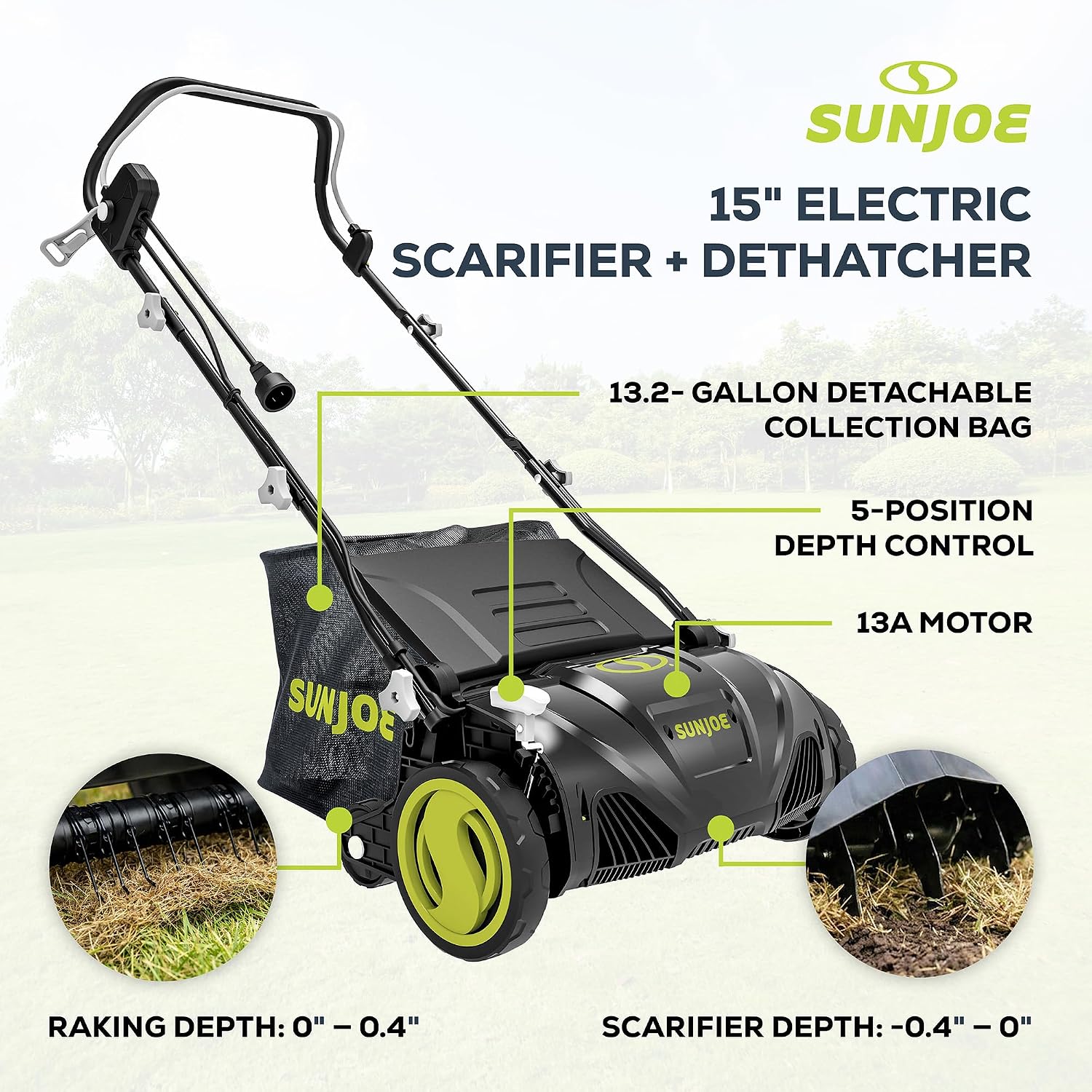 Sun Joe 15-Inch Lawn Dethatcher with Scarifier Blade Reel, AJ805E | and Collection Bag - 13-Amp Corded Yard Power Rake