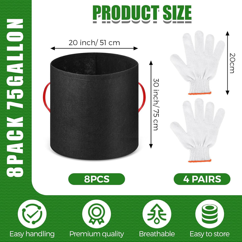 Nuenen 8 Pack 75 Gallon Plant Grow Bags Bulk Breathable Nonwoven Fabric Pot with Handles Heavy Duty Nursery Vegetable