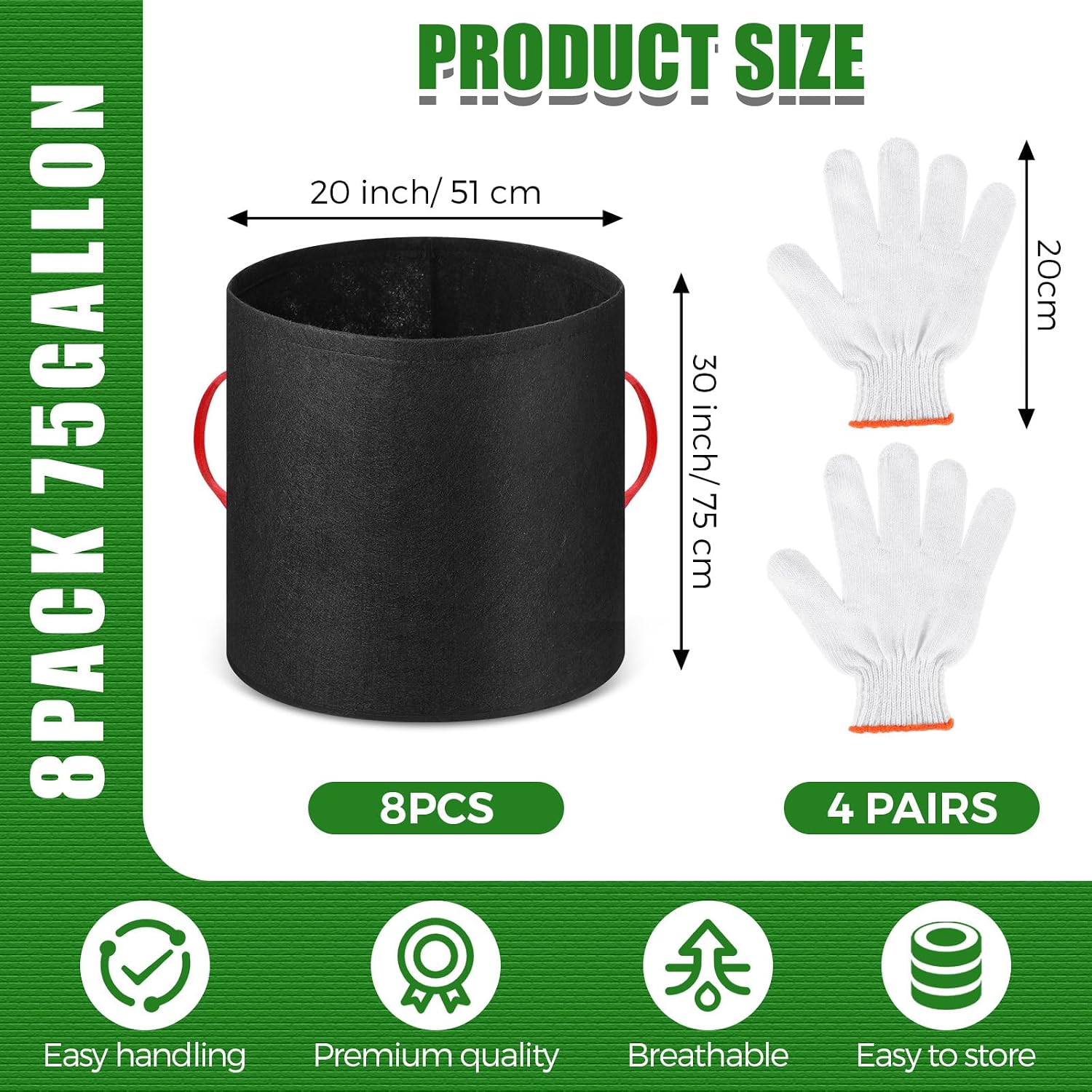 Nuenen 8 Pack 75 Gallon Plant Grow Bags Bulk Breathable Nonwoven Fabric Pot with Handles Heavy Duty Nursery Vegetable
