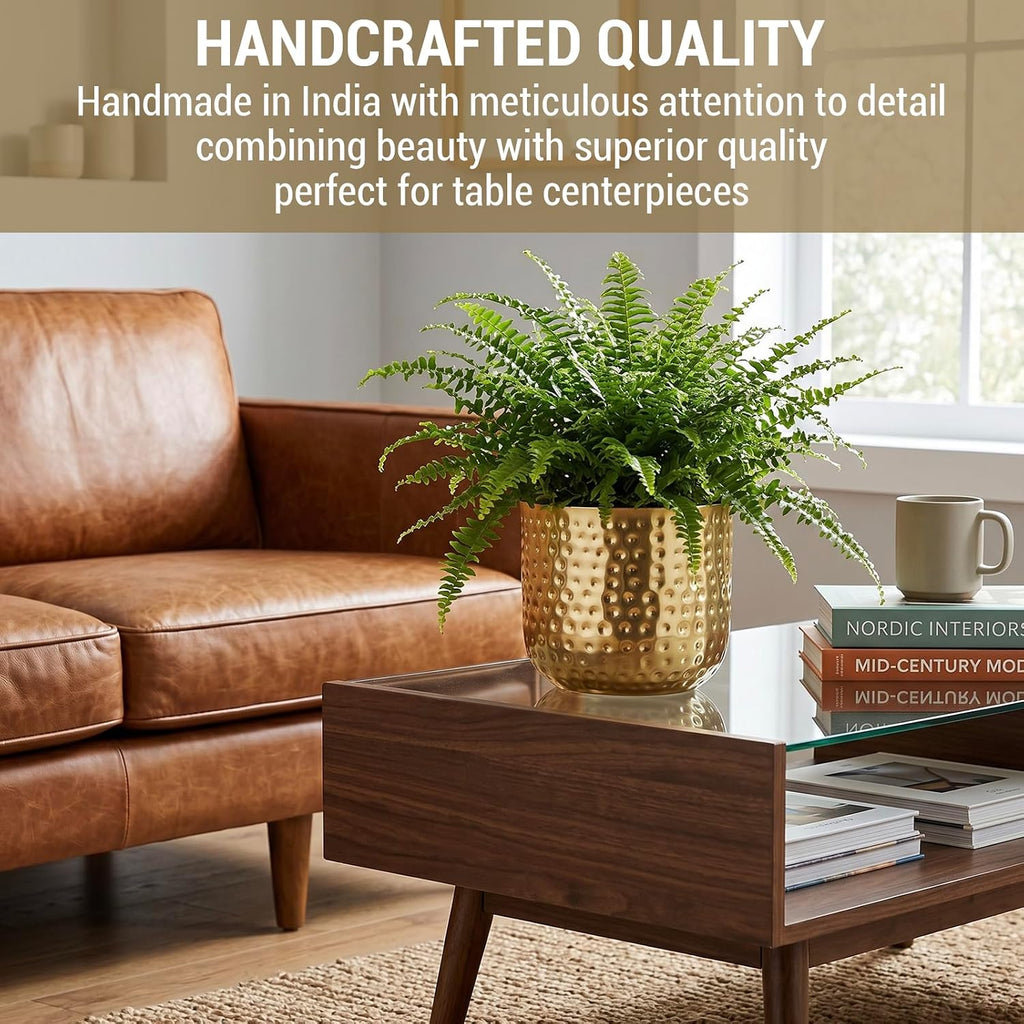 MyGift 6-Inch Shiny Brass Tone Metal Plant Pot with Hammered Texture, Cylindrical Indoor Succulent Planter