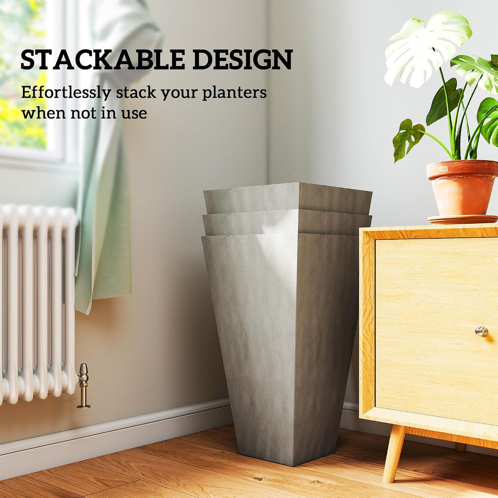 Outsunny 28 in Tall Planters for Outdoor Plants with Drainage Holes, Grey | Set of 3, Taper Planters, Indoor Grande