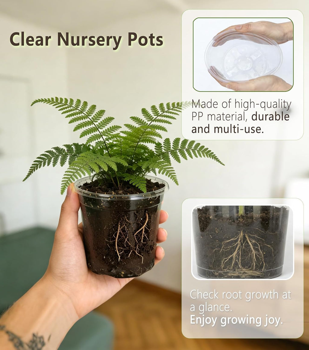 20-Pack Clear Nursery Pots with Saucers & Repotting Mat (4/5/6/7 Inch) – Transparent Plastic Plant Pots with Drainage