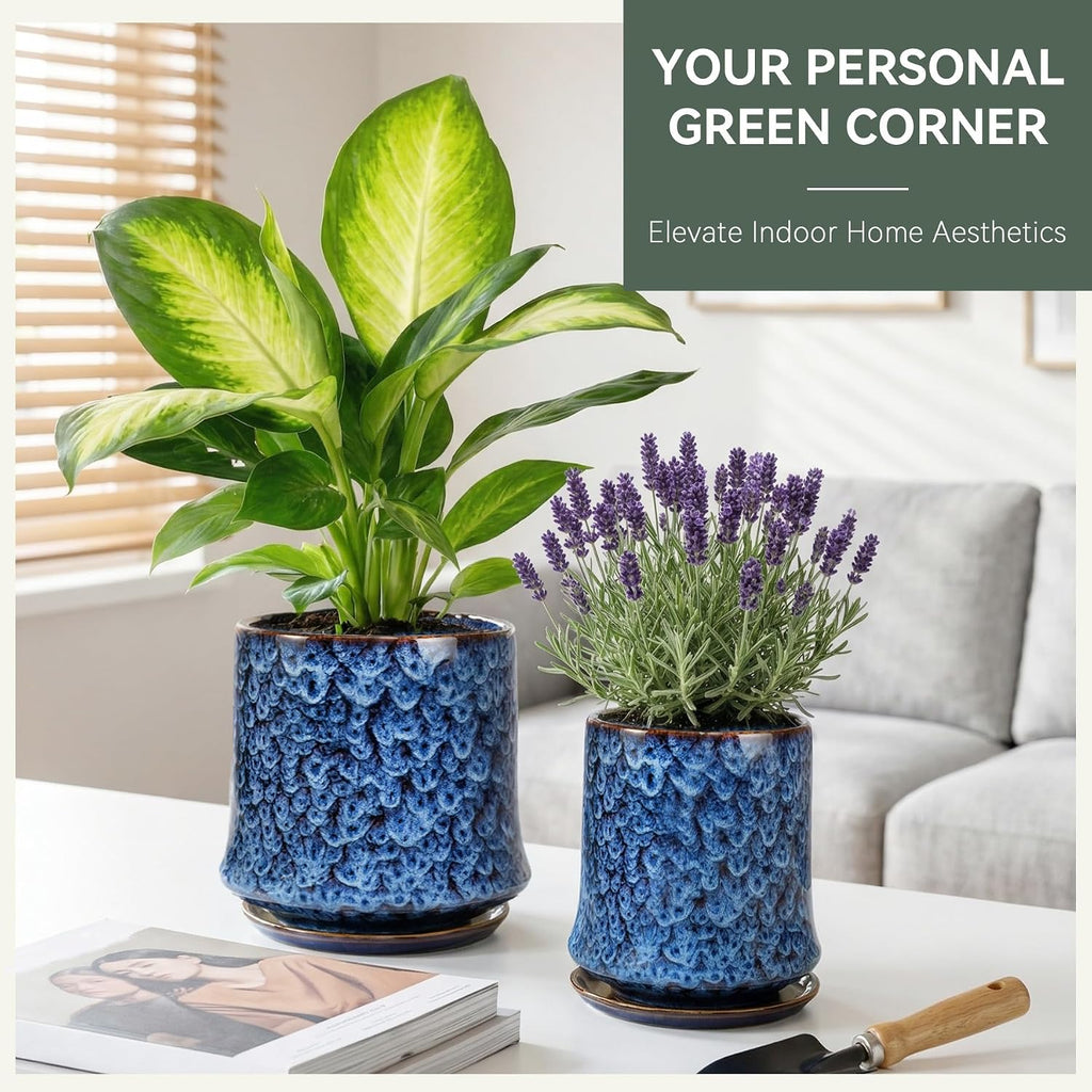 8 Inch Ceramic Planter Pot with Saucer Drainage Leak-Proof Mesh,Flower Pots for Lavender with Gardening Gloves,Ceramic