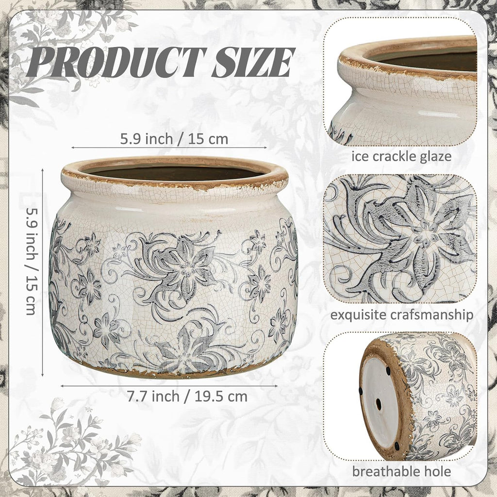 7.7" Large Vintage Ceramic Plant Pot with Baroque Floral Pattern Beige Gray Rustic Planter with Ice Crackle Glaze &