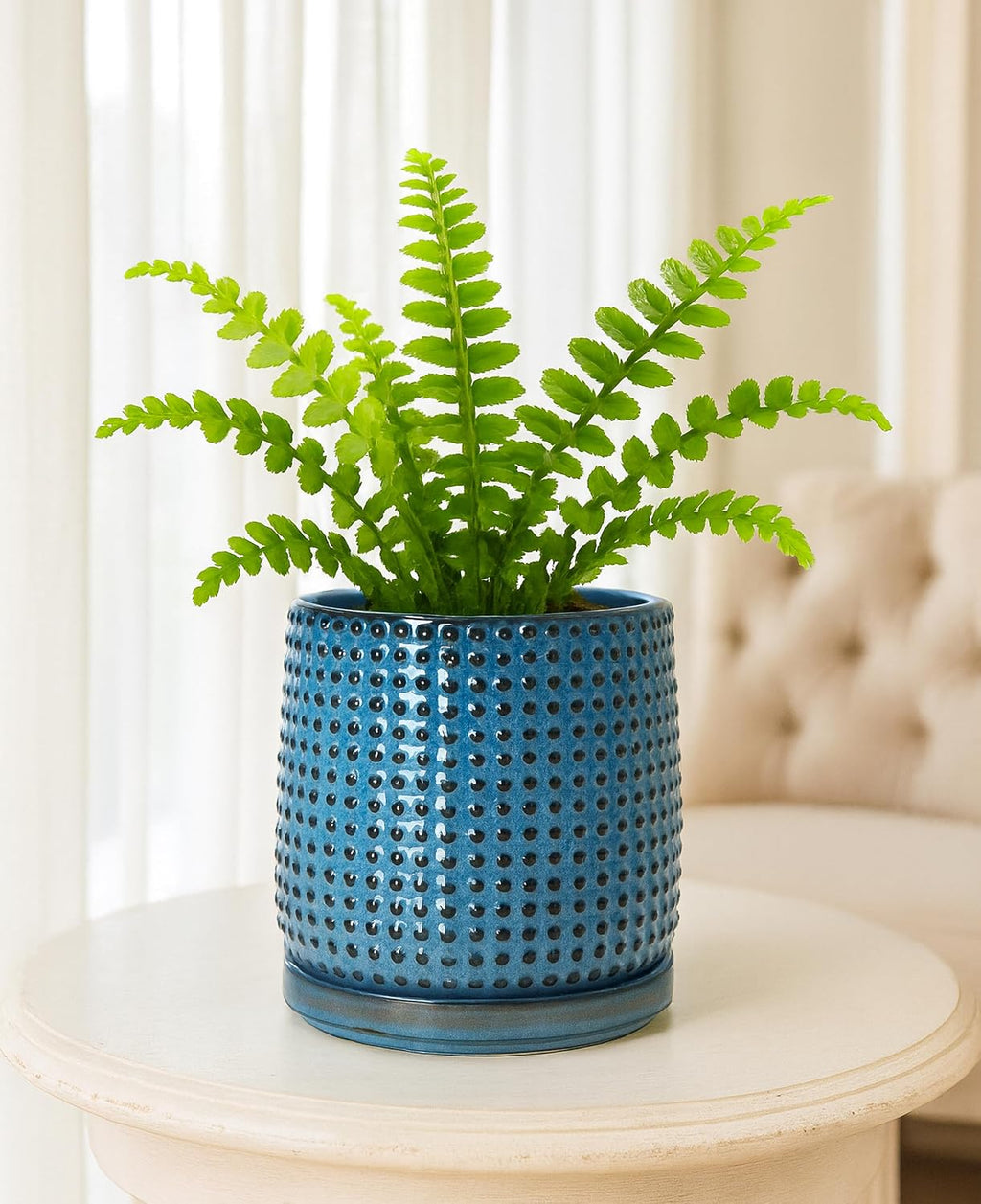 D'vine Dev Beaded Ceramic Pot with Saucer, 6 in, Ocean Teal, 27-C-X-8 | Embossed Dot Texture, Smooth Glazed Finish