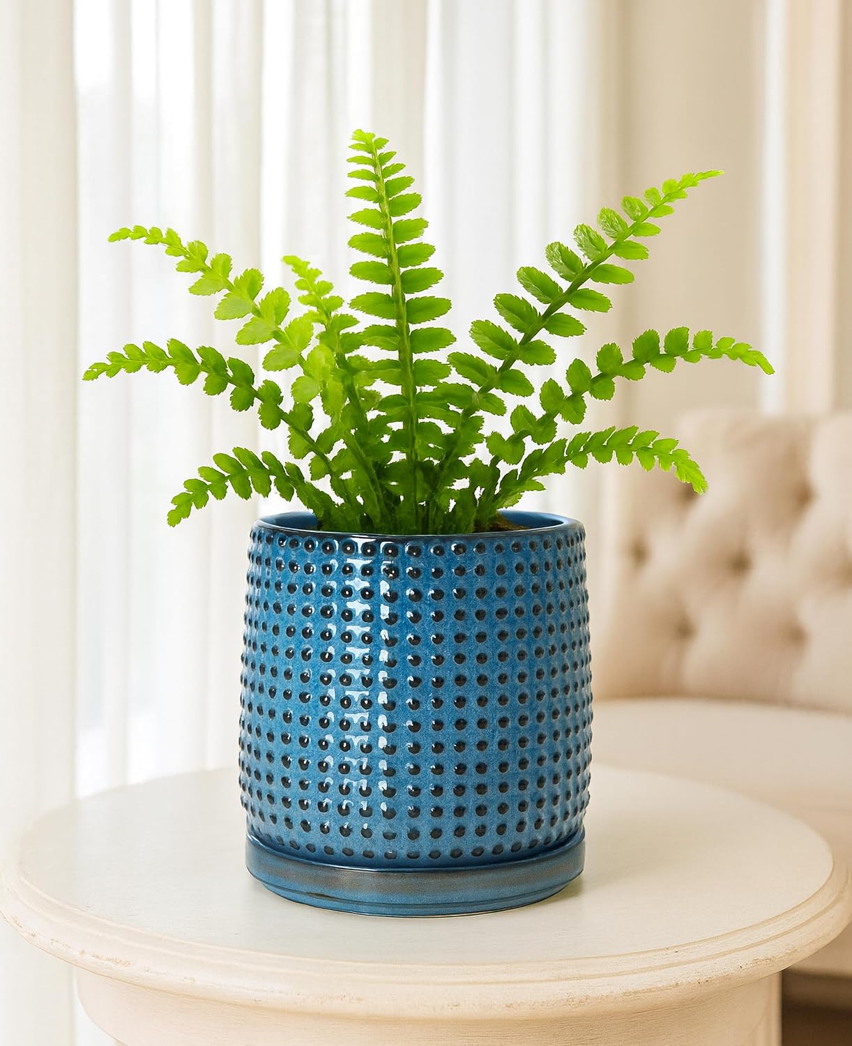 D'vine Dev Beaded Ceramic Pot with Saucer, 6 in, Ocean Teal, 27-C-X-8 | Embossed Dot Texture, Smooth Glazed Finish