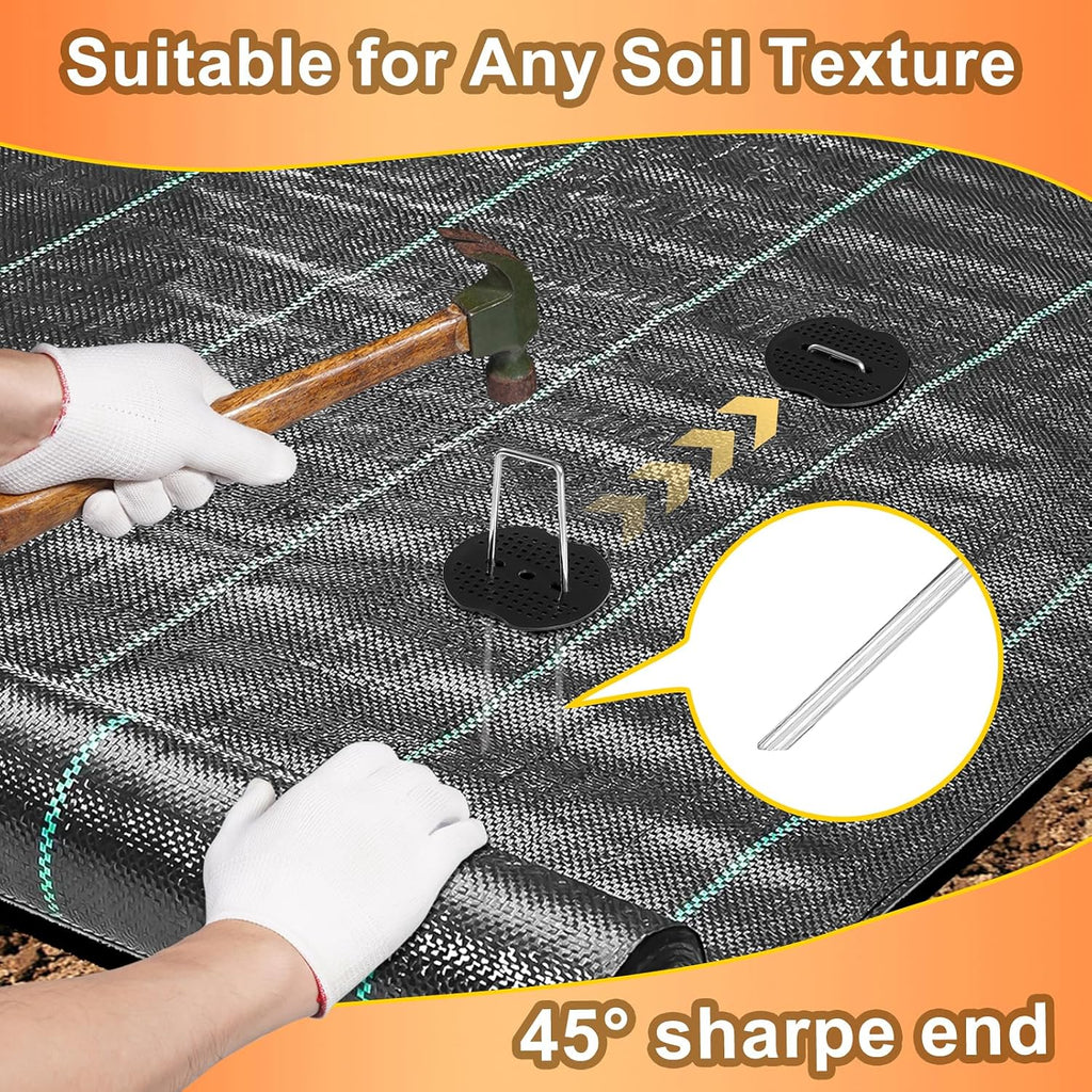 100 Pcs 6" 11 Gauge Landscape Staples with Gaskets & Remover Tool | Galvanized steel U-shaped garden stakes kit with