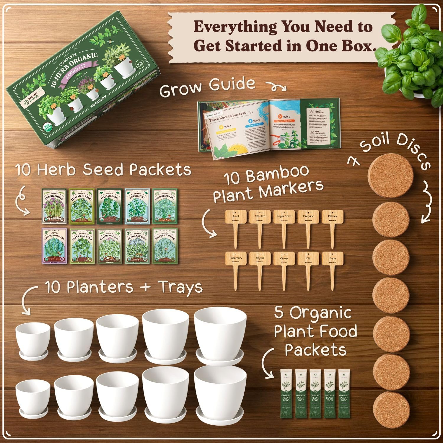 Organic Non-GMO Herb Seeds for Planting (Herb Garden Starter Kit) | For Indoor or Outdoor Growing; USDA Certified