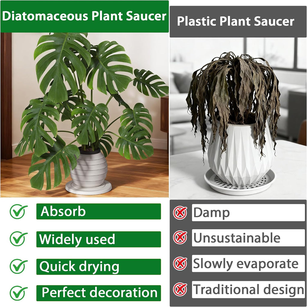 Diatomaceous Earth Plant Saucer, Round Pot Saucers, 2 Pcs 12 Inch | Instant Dry Plant Trays for Pots, Plant Drip Trays