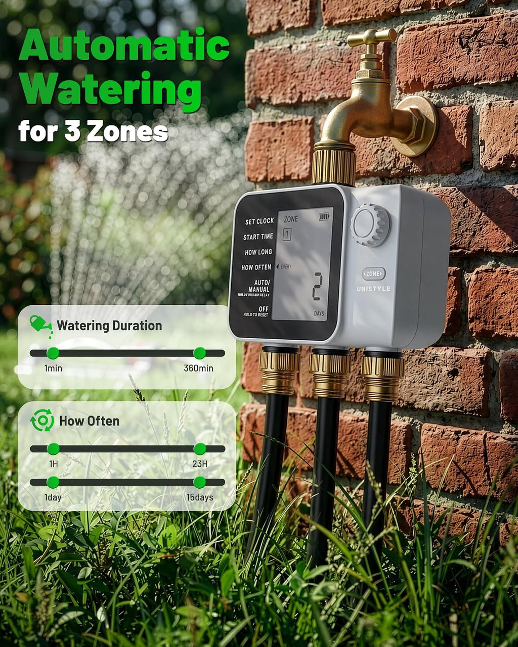 [All-New 2027] 3 Zone Sprinkler Timer with Brass Inlet, Unistyle Water Timer for Garden Hose with Rain Delay/Manual
