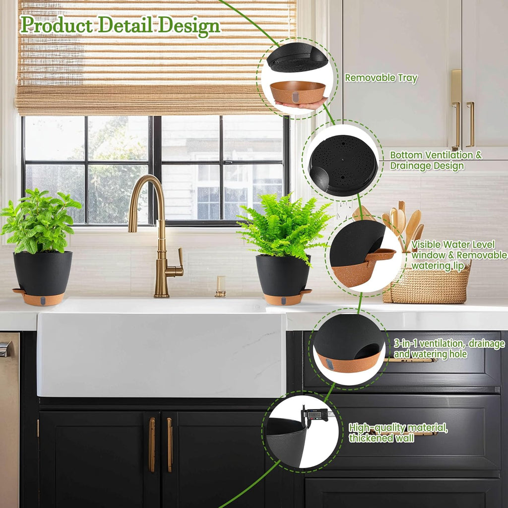 Self Watering Pots for Inoor Ourdoor Plants 8/7/6.5/6/5" Plastic Planters | Drainage Holes & Water Level Indicator