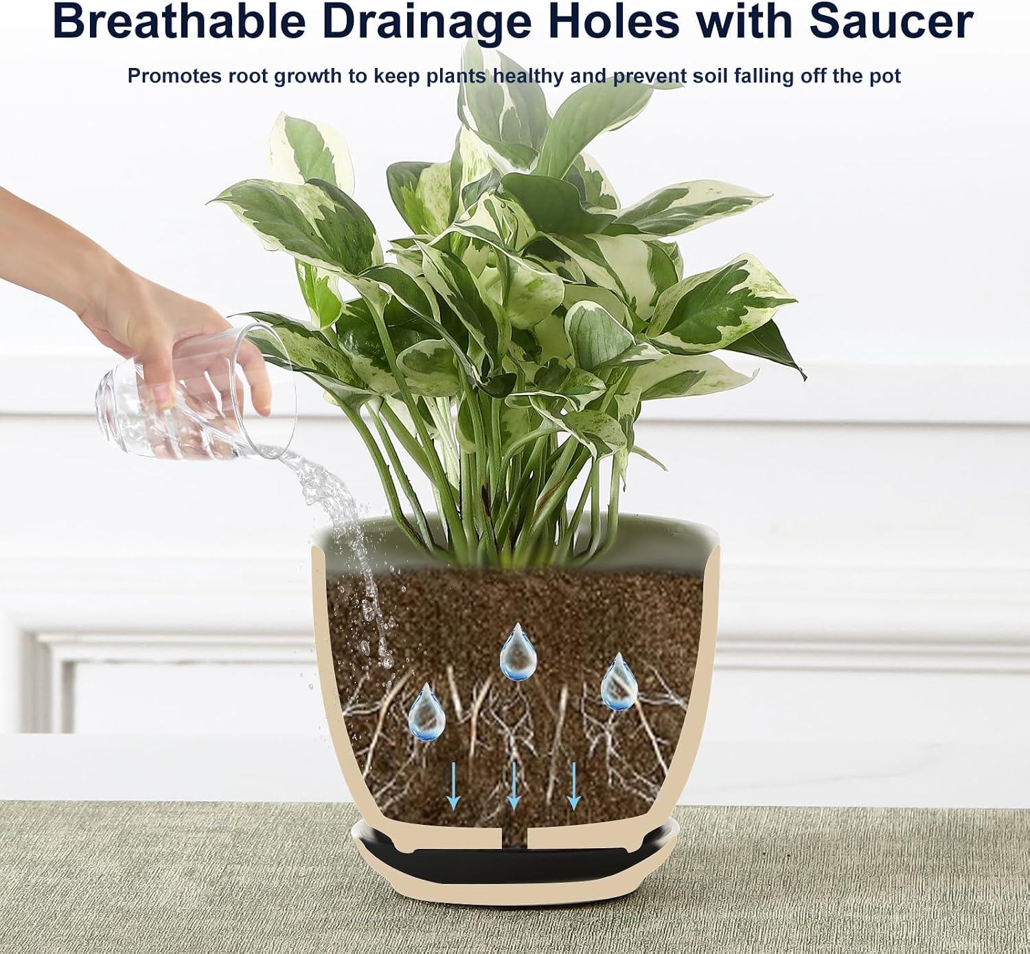 Sureasy Ceramic Indoor Plant Pots, 5.6 Inch Flower Pots for Plants with Drainage Hole and Saucer, Embossed Planter for