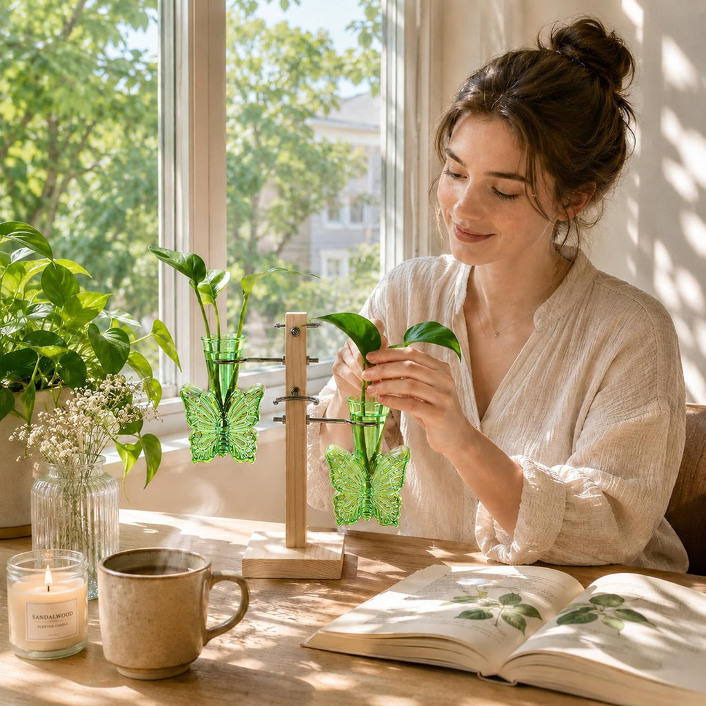 Plant Terrarium Propagation Stations: Green Vase with Wooden Stand | Irised Crystal Clear Glass, Butterfly Shaped, Home