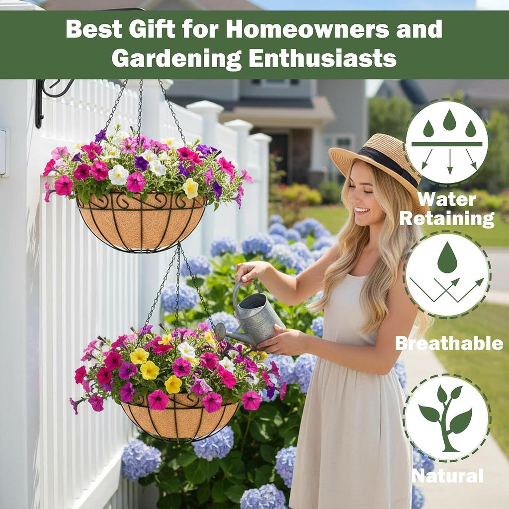 4 Pack 14 Inch Hanging Baskets for Plants Outdoor Metal Hanging Planter Basket with Coco Coir Liner Hanging Flower Pots