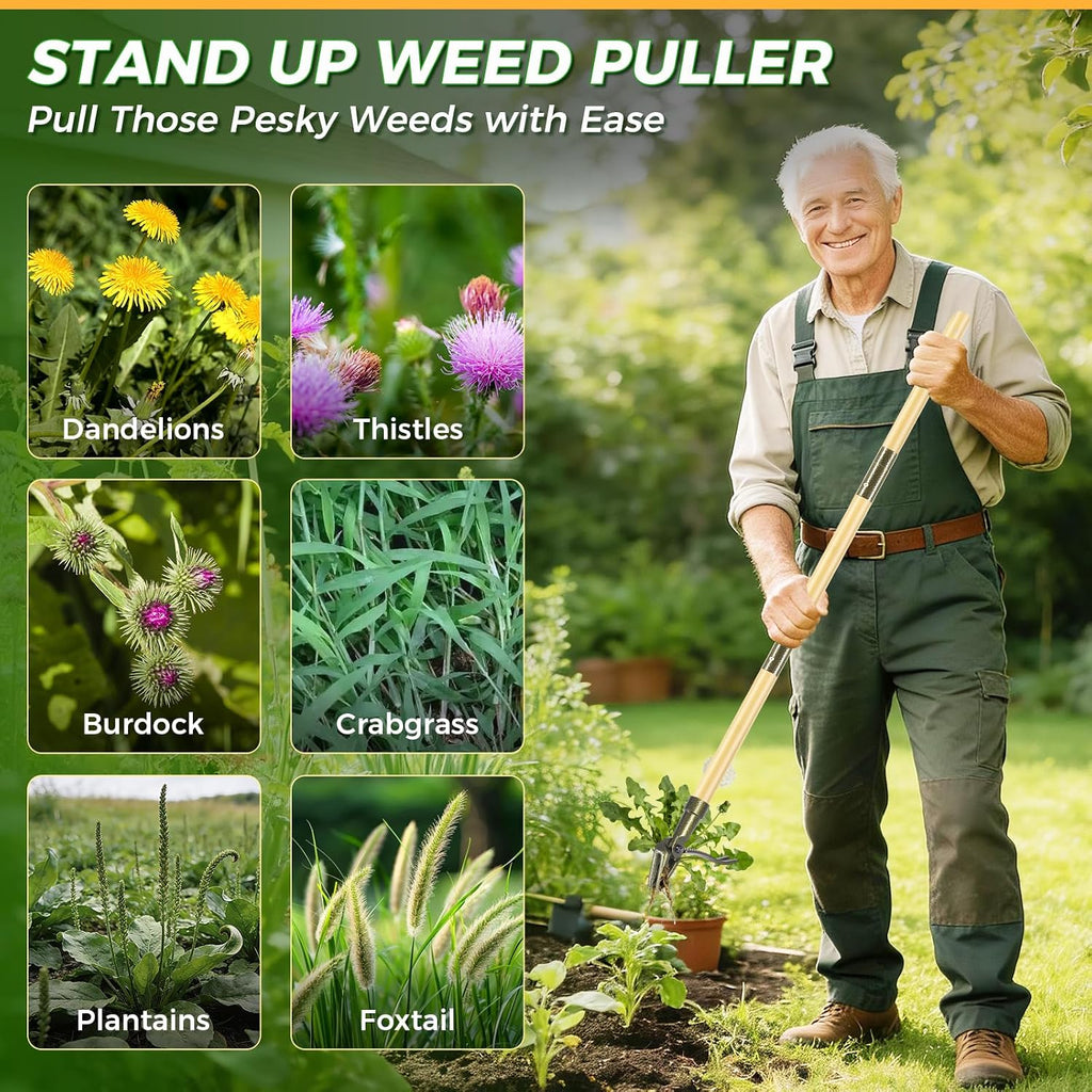 Weed Puller Tool, Stand Up Heavy Duty Weed Remover Tool with Long Handle – 4-Claw Steel Head Weeder for Dandelions