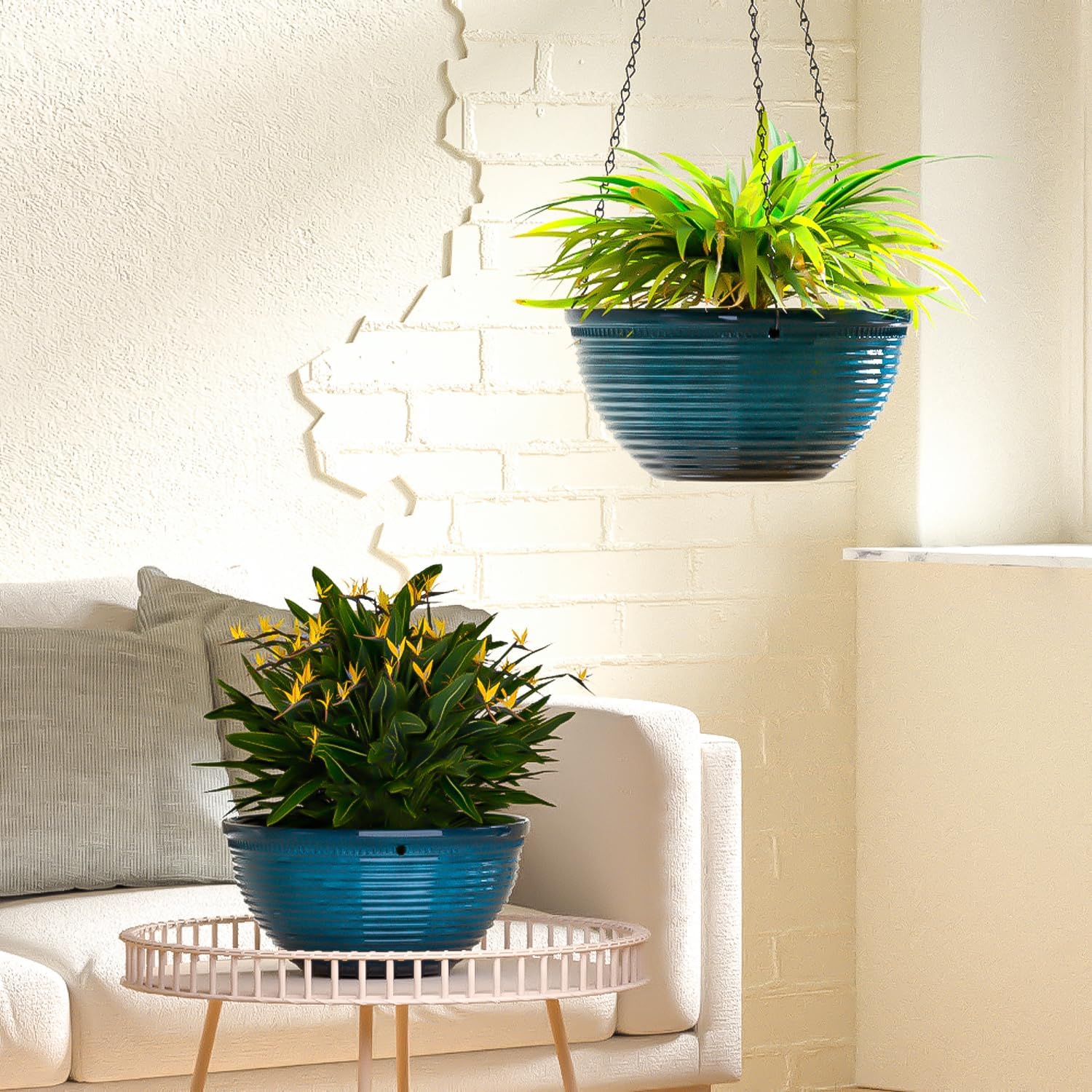 10 Inch Hanging Planters, Glazed Hanging Basket with Drainage Holes, 2 Pack | Ceramic-Look Hanging Flower Pots for