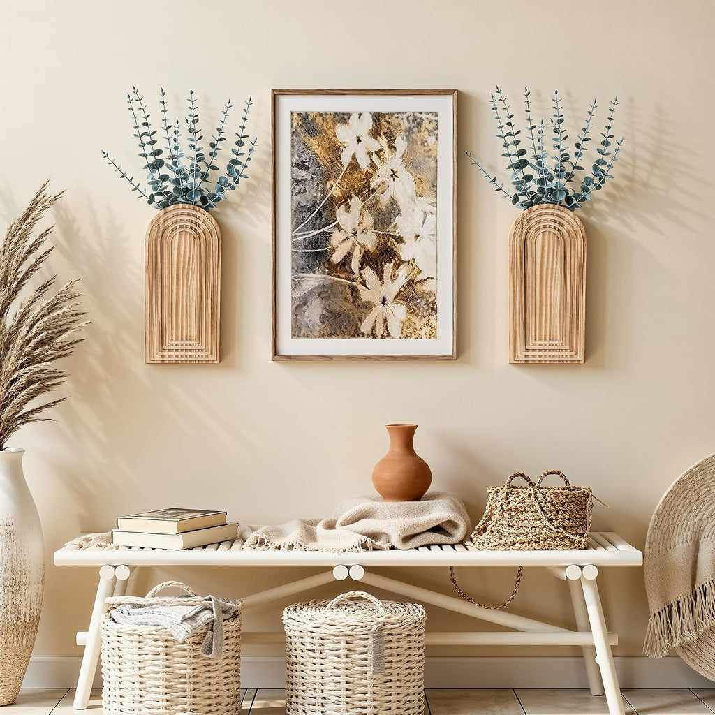 DREAMLOOM 2 Pack Wooden Wall Vases with Eucalyptus Artificial Plants, Wall Hanging Planters Boho Modern Farmhouse