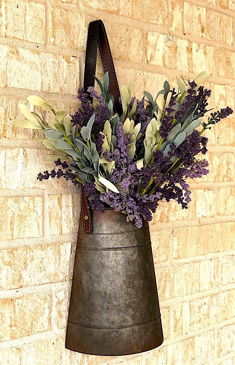 DNS Wall Planter Rustic Metal Half Bucket with Faux Leather Strap Hanging Decorative Flowers Succulent Cactus Indoor