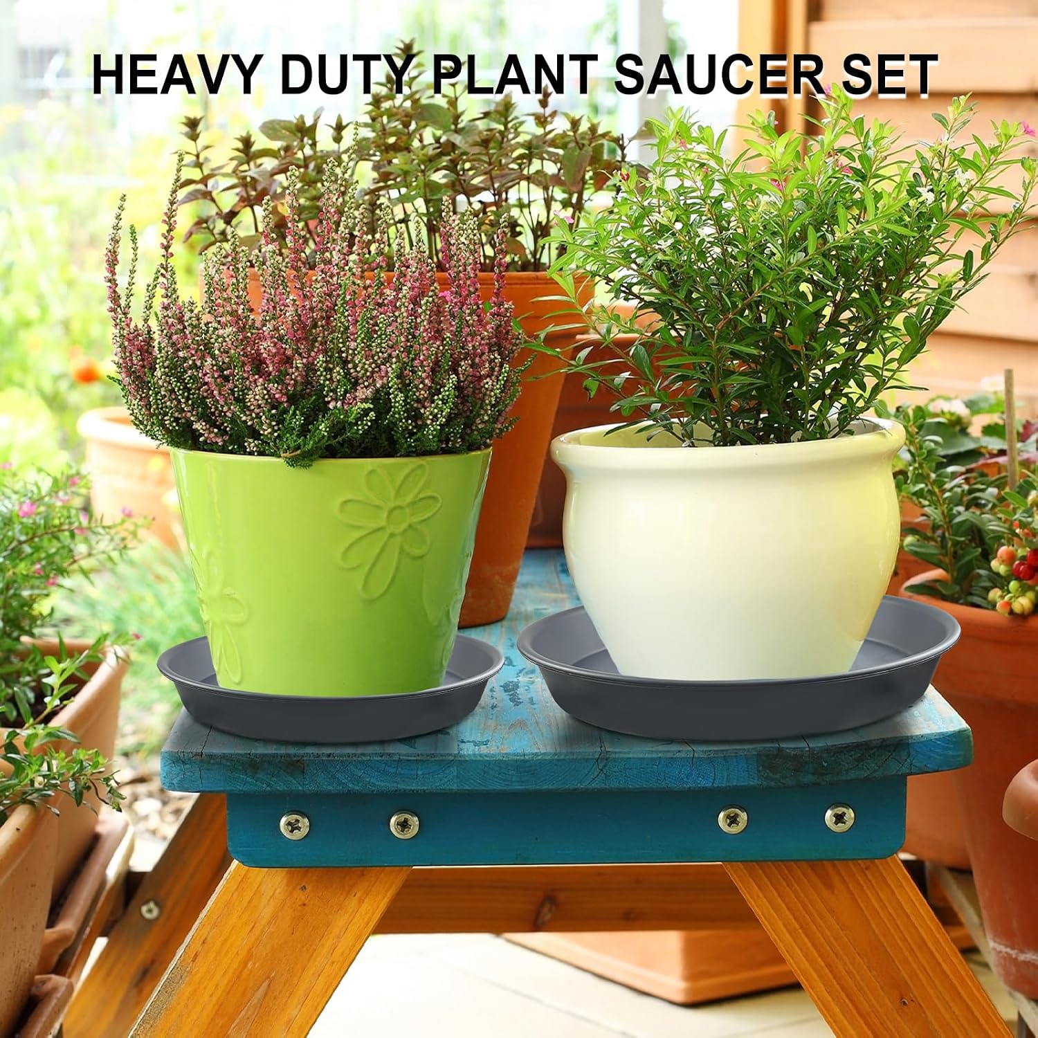 9 Pack Gray Plant Saucer Set, 8 10 12 Inch Heavy Duty PP Plant Saucers | Multi Size Plant Saucers for Small, Medium &