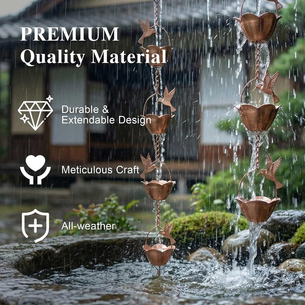 Topadorn Rain Chain for Gutters, 7.85 FT Metal Hummingbird Rain Chain | 12 Flower Cups, Decorative Hanging Rain Catcher