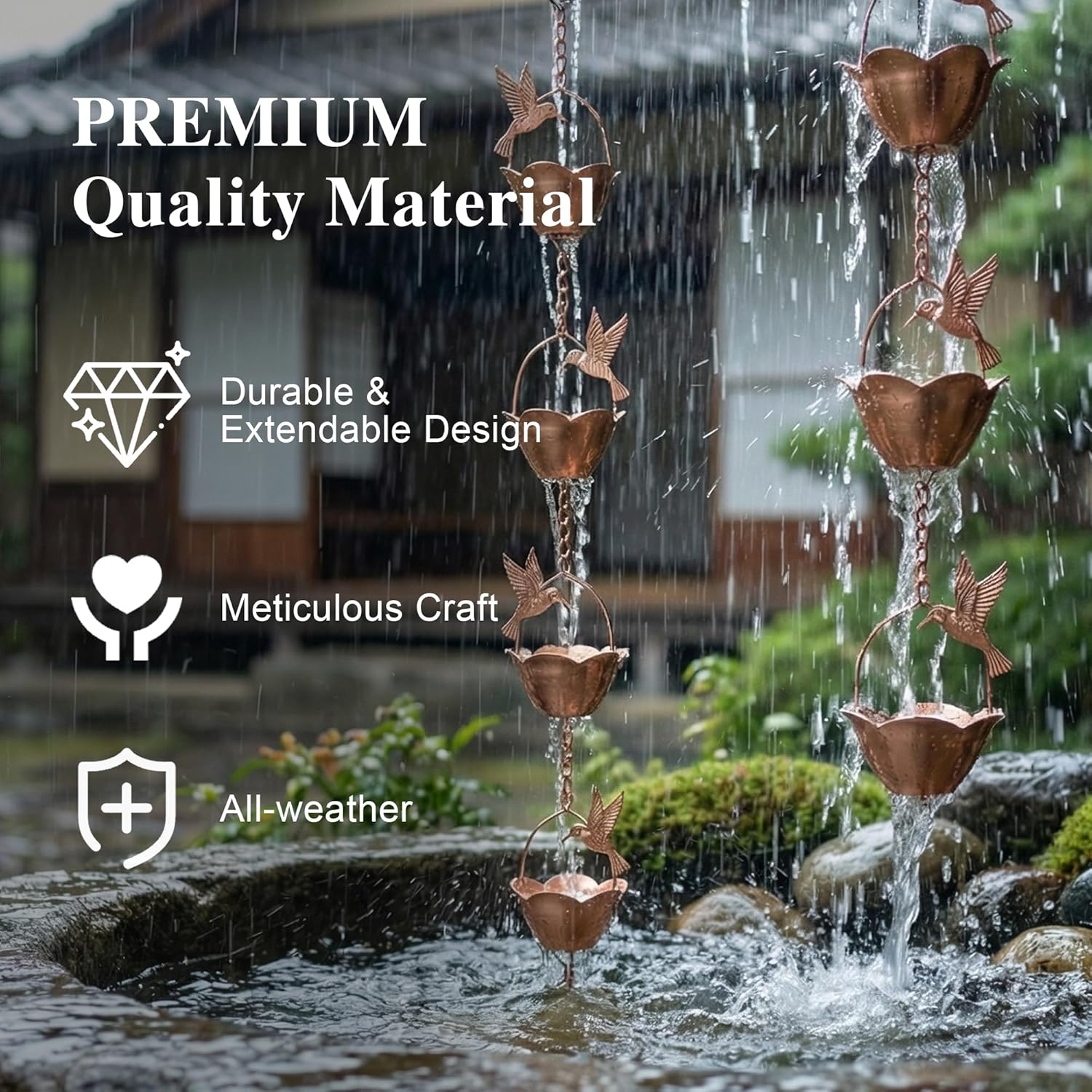 DUSVALLY 8FT Hummingbird Rain Chain for Gutters, Copper-Tone Metal | 12 Flower Cups • Hummingbird Design • Copper-Tone