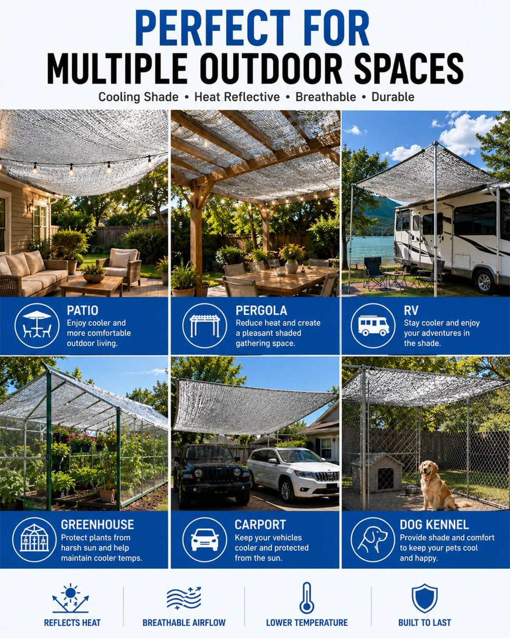 40% Reflective Aluminet Shade Cloth with Grommets, 6 x 12 ft | Balanced sun filtering and cooling airflow for