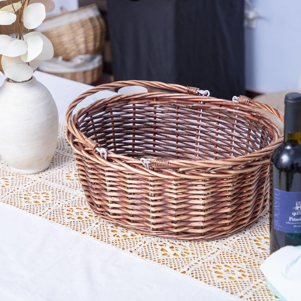 JJSQ Wicker Picnic Basket with Folding Handles Wicker Hand Woven Baskets for Storage, Garden Harvest, Easter, Empty