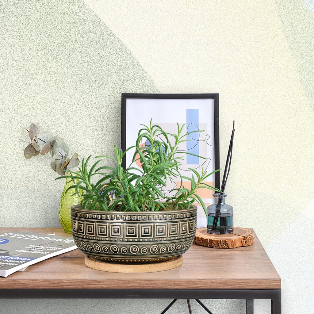 G EPGardening 8 Inch Ceramic Succulent Planter Pots Round Shallow Bonsai Planter Pot for Indoor Plants with Drainage