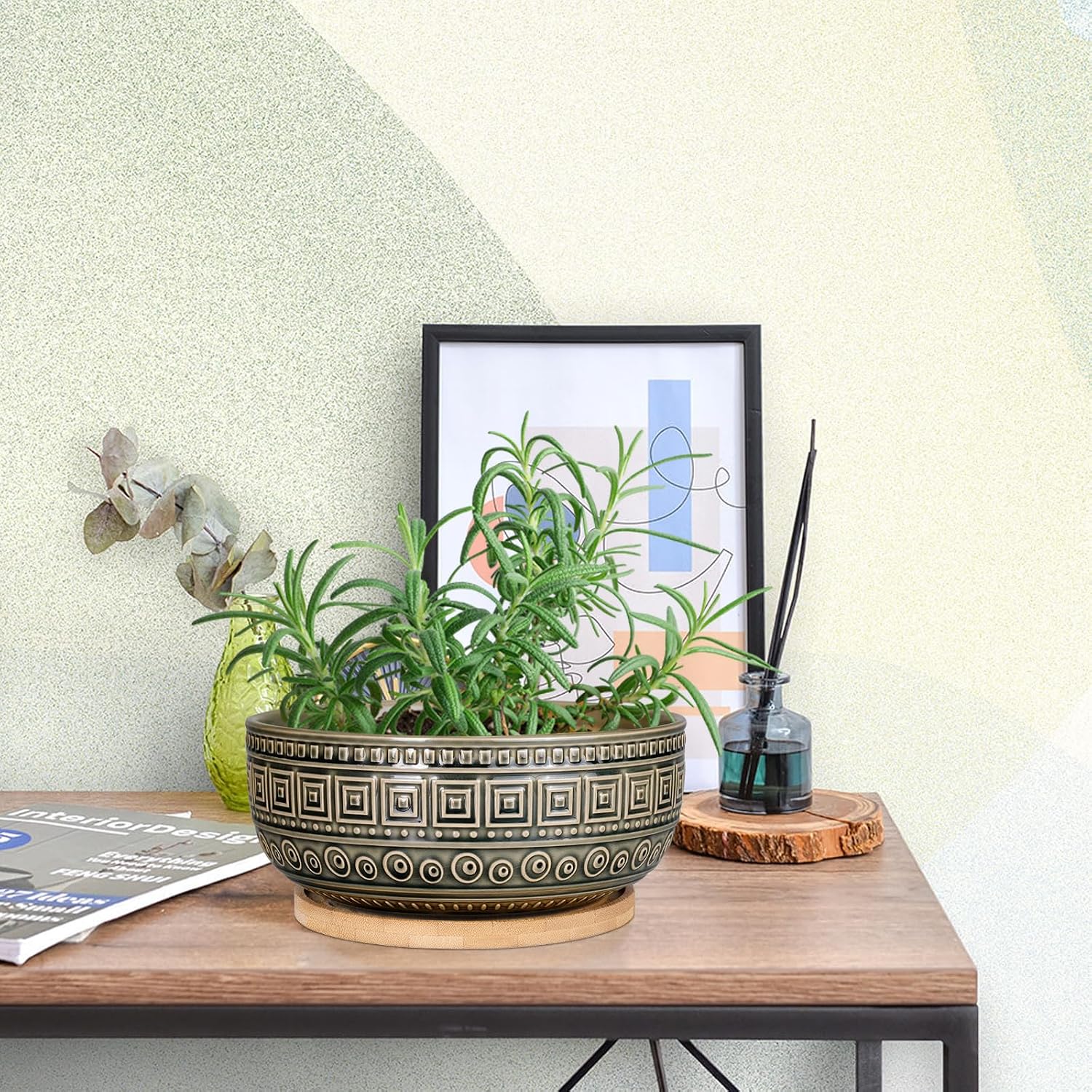 G EPGardening 8 Inch Ceramic Succulent Planter Pots Round Shallow Bonsai Planter Pot for Indoor Plants with Drainage