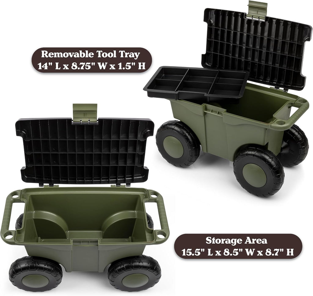 Pure Garden Rolling Garden Cart with Seat, Green | Plastic Garden Bench with Interior Tool Tray for Storage - Gardening