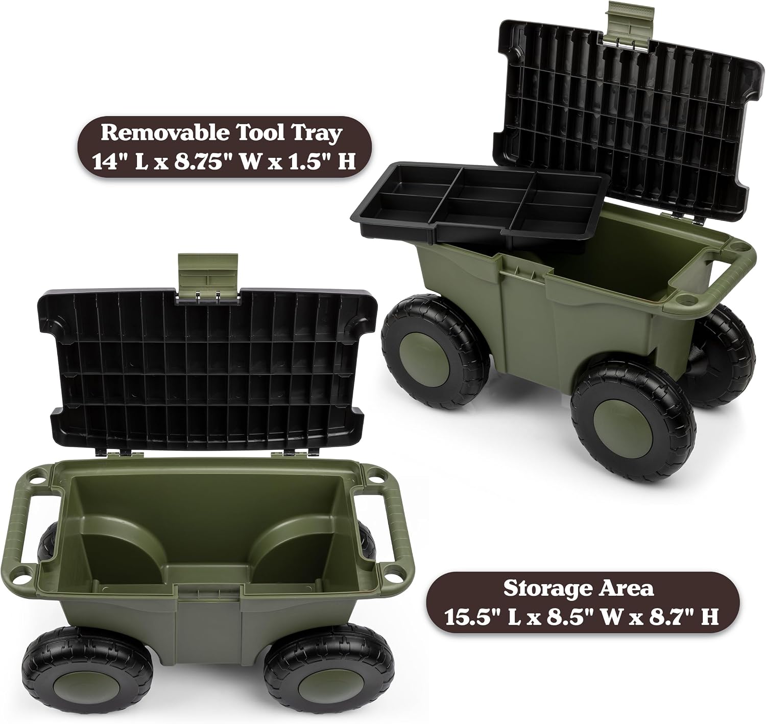 Pure Garden Rolling Garden Cart with Seat, Green | Plastic Garden Bench with Interior Tool Tray for Storage - Gardening