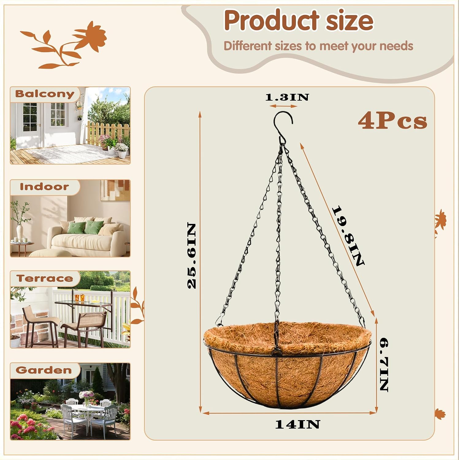 14 inch Metal Hanging Baskets For Plants Outdoor 4 Pack Round Metal Wire Hanging Basket Planter with Coco Fiber Liners