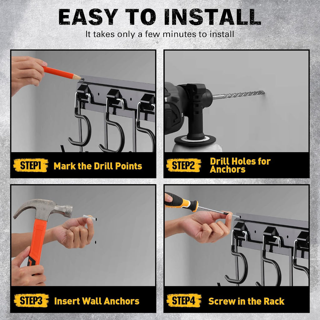68'' All Metal Adjustable Garden Tool Organizer: Garage Tool Organizer Wall Mount with Black Hooks, Garage Organizers
