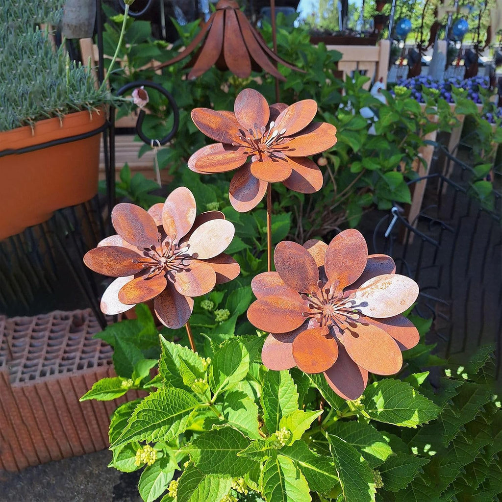 Rustic Metal Coneflower Garden Stakes, Set of 3, Rusted Iron Daisy Yard Art, 14x4 Inch, Weather-Resistant Lawn Pathway