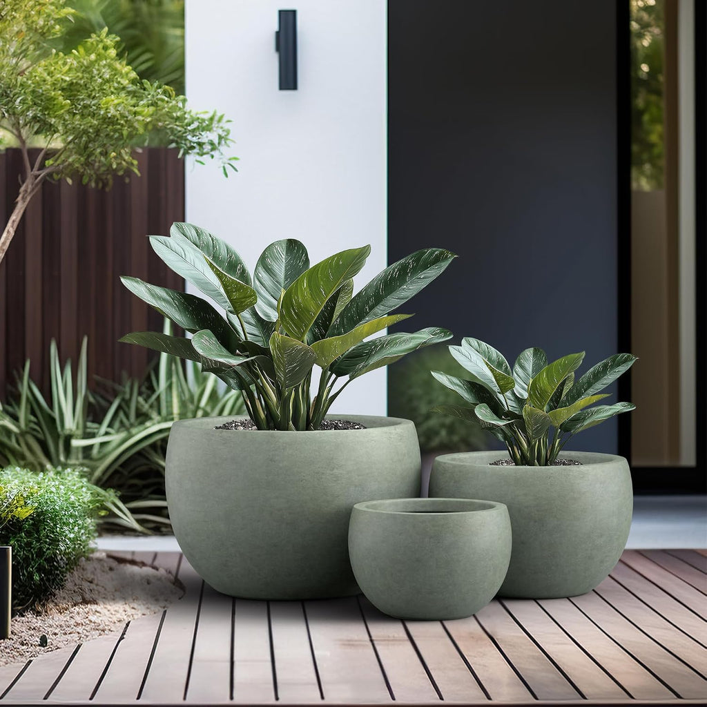 Kante Set of 3 Mint Green Concrete Bowl Planters 19.9" 15.7" 11.8" Dia | Drainage for Outdoor, Rubber Plug for Indoor