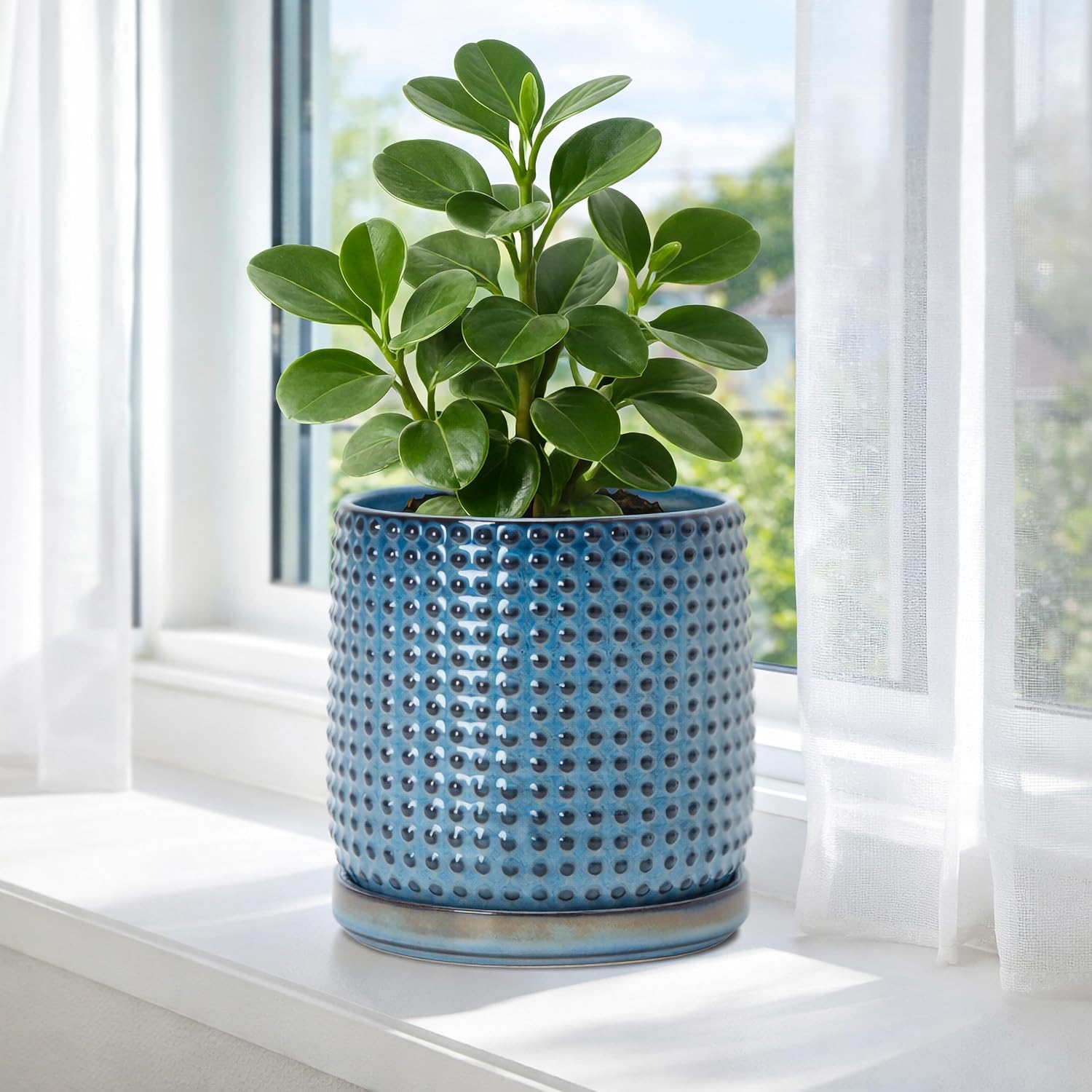 D'vine Dev Beaded Ceramic Pot with Saucer, 6 in, Ocean Teal, 27-C-X-8 | Embossed Dot Texture, Smooth Glazed Finish