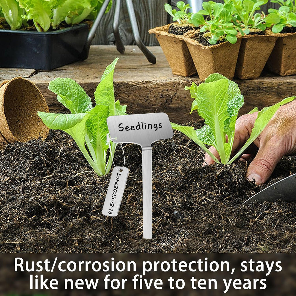 304 Stainless Steel Plant Markers, 50 Waterproof Metal Plant Label Stakes with 50 Tag Buckles & 2 Marker Pen, 12.75"